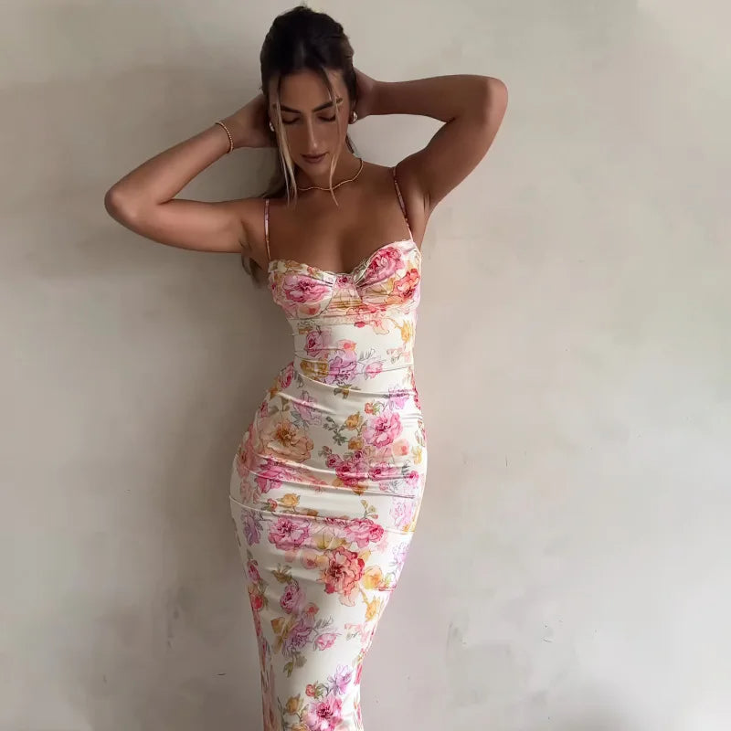 Sunset Garden Floral Mini Dress – Slim Fit with Spaghetti Straps
