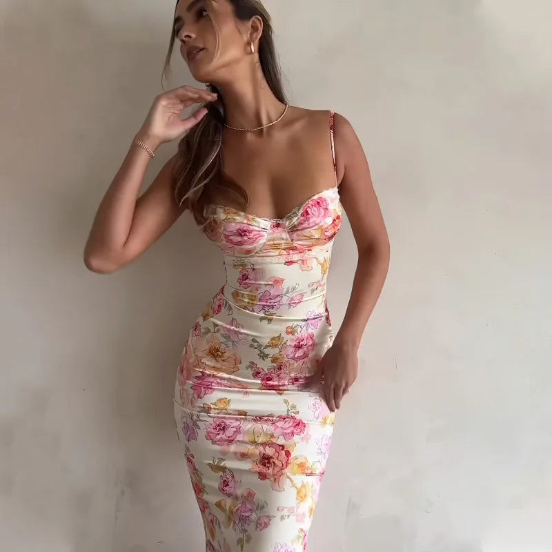 Sunset Garden Floral Mini Dress – Slim Fit with Spaghetti Straps
